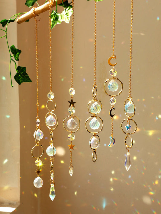 Boho Sun Catcher Hanging Ornaments Handmade Crystal Sun Catchers with Gold Chain for Window Wall or Garden Decor Wind Chimes