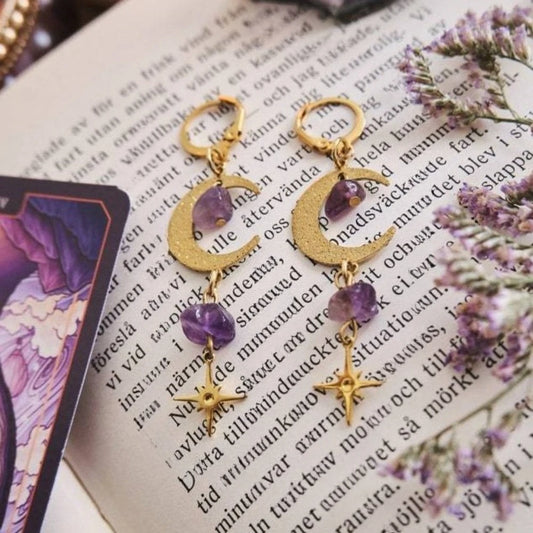 Charm Bohemia Stainless Steel Gold Color Crescent Moon Stars Irregular Amethyst Stone Pendant Dangle Earrings for Women Jewelry