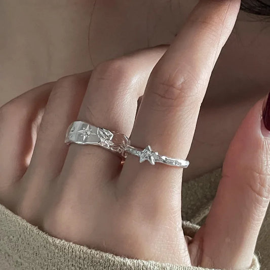 BF CLUB Silver Color Star Rings for Women men Fashion Geometric Handmade Irregular Vintage Ring Party Christmas Gift