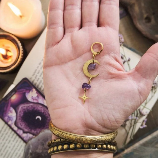 Charm Bohemia Stainless Steel Gold Color Crescent Moon Stars Irregular Amethyst Stone Pendant Dangle Earrings for Women Jewelry