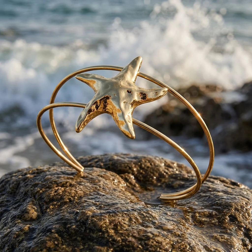 Fahion Starfish Adjustable Cuff Bracelet for Women Boho Starfish Upper Arm Open Bangle Festival Party Jewelry Gift