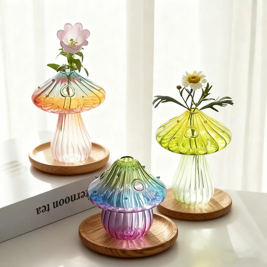 Boho Glass Mushroom Vase - Handcrafted Hydroponic Cylinder Planter for Living & Dining Room, Battery-Free Coffee Shop Decor