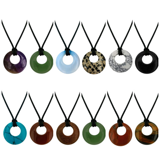 28mm Circle Donut Healing Crystals Necklace Natural Semi-Precious Chakra Gemstone Amulet Lucky Coin Donuts Charm Protection