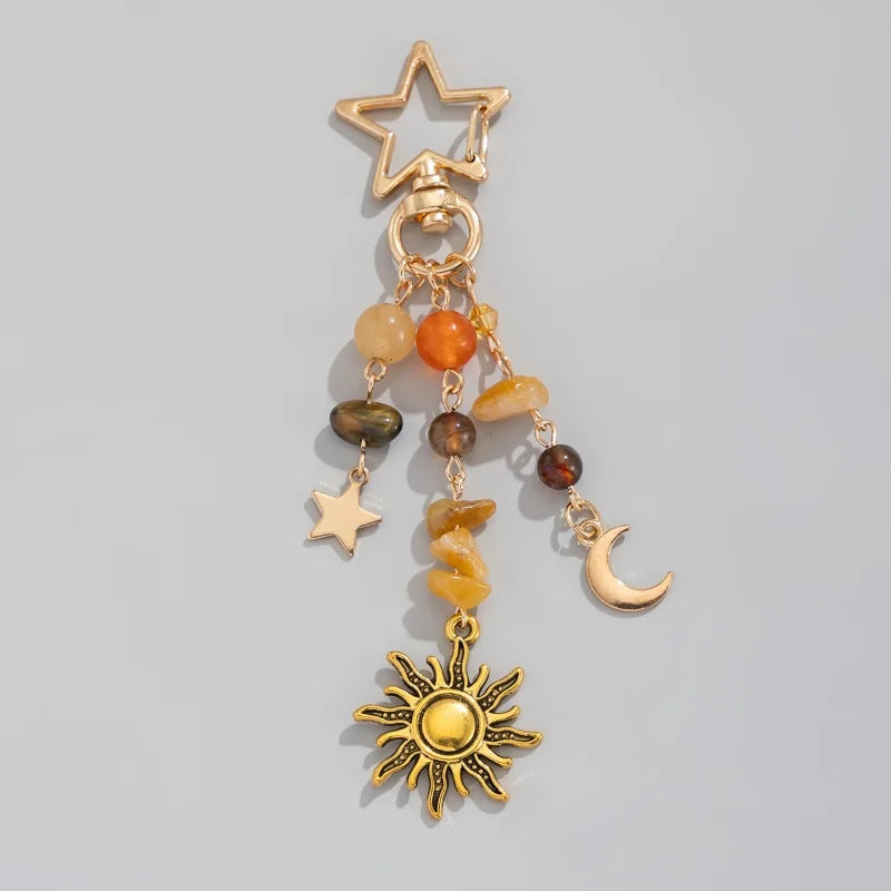 Punk Stars Moon Sun Pendant Bag Keychain for Women Girls Charm Boho Colorful Beads Key Ring Bag Chain Y2K Jewelry Gift New
