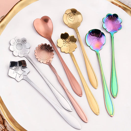 4Pcs Flower Spoon Set Small Teaspoon Coffee Spoon Cute Ice Cream Dessert Spoon Silver Gold Stainless Steel Spoon For Coffee Tea