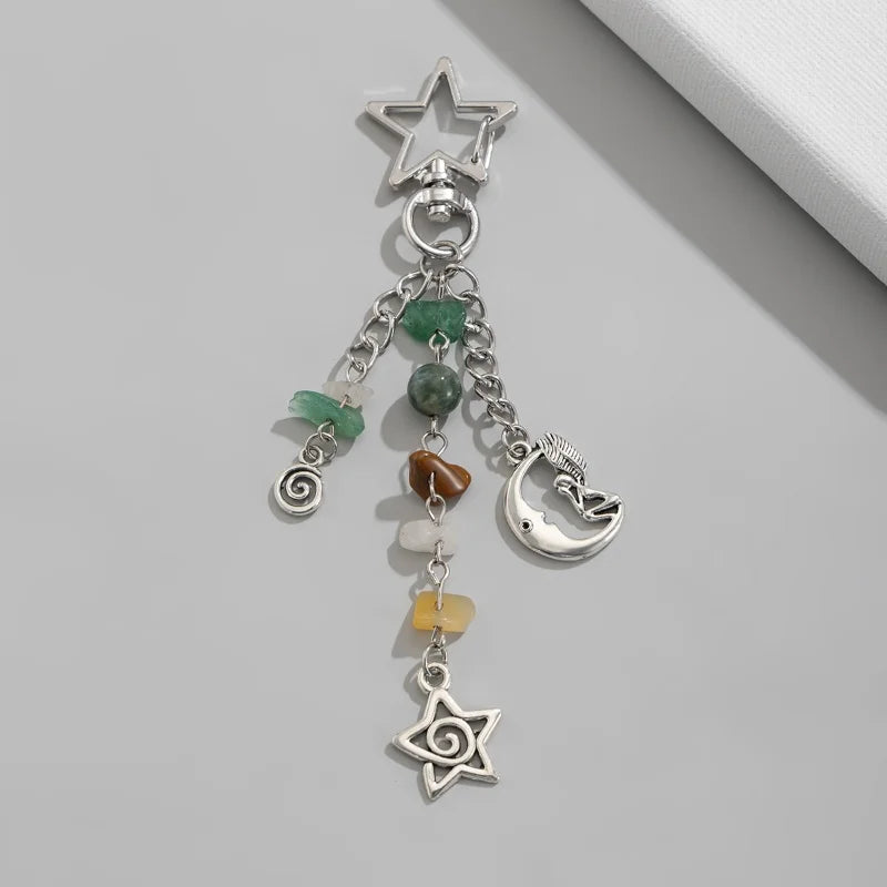 Punk Stars Moon Sun Pendant Bag Keychain for Women Girls Charm Boho Colorful Beads Key Ring Bag Chain Y2K Jewelry Gift New